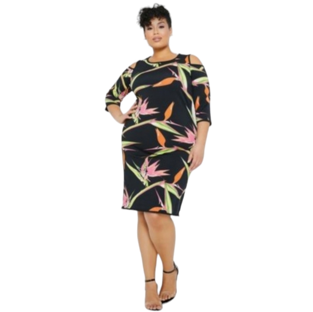 Ashley Stewart Women's Reversible Black Tropical Print Cold Shoulder Size 2XL